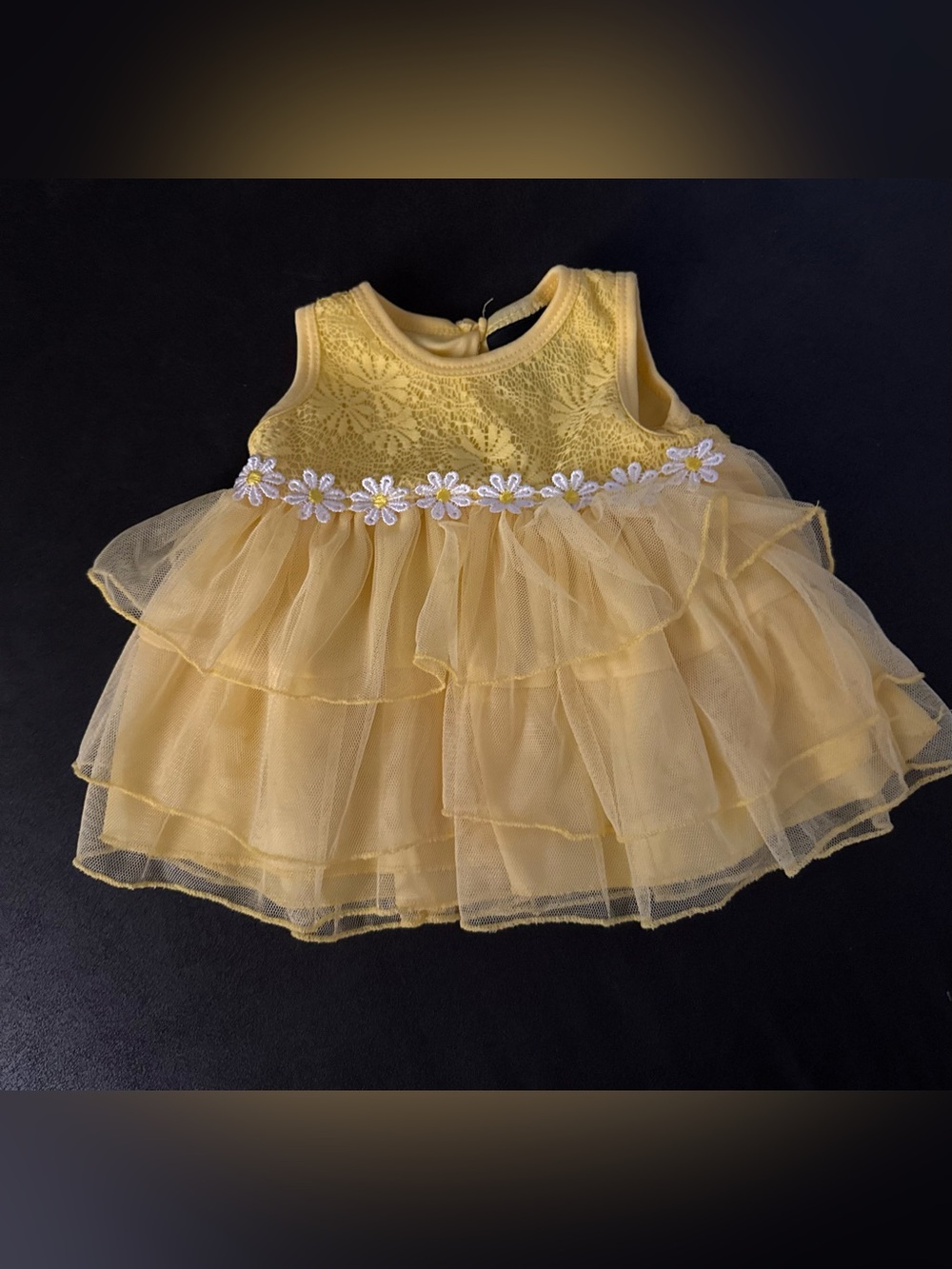 Darling Yellow Lace & Tulle Tiered Dress with Daisy Trim